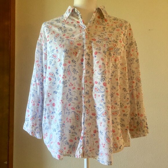 Lauren Ralph Lauren Floral Button Down Size L White Shirt Red and Blue Flowers - Picture 2 of 6